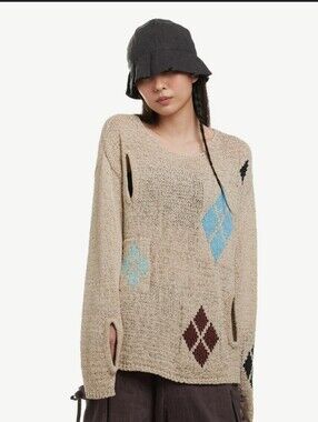 TheOpen Product Argyle Cutout Open-Knit Sweater Beige Small  Grunge Indie Sleaze
